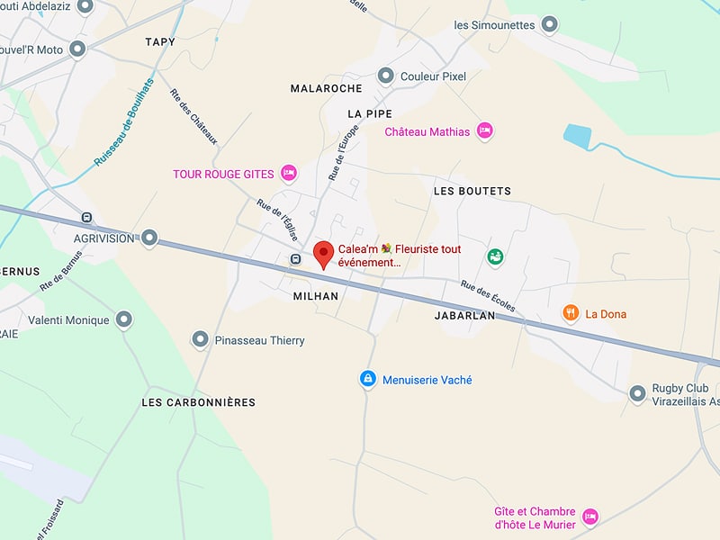 Carte Milhan : Calea'm Fleuriste, Agrivision, Jabarlan Carte centrée sur Calea'm Fleuriste tout événement à Milhan, près d'Agrivision et La Dona, avec lieux nommés : Tapu, Malaroche, Jabarlan.